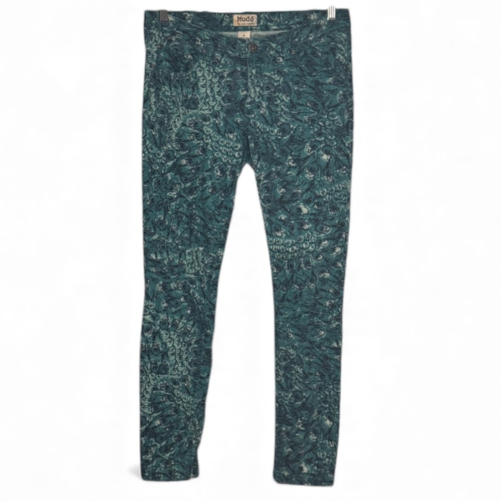 Mudd Jeans Funky Y2K 90’s Peacock Feathers Teal Skinny Stretch Jeans EVC Sz 9